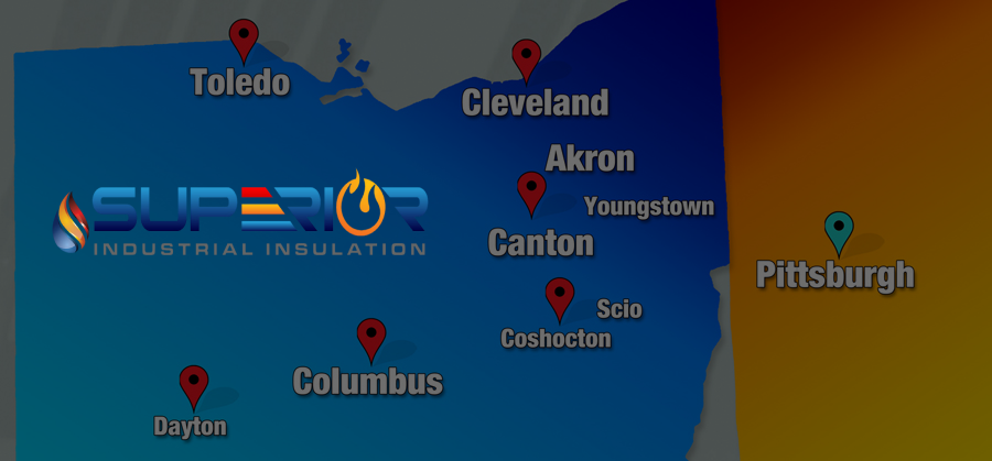 Superior Insulation Map showing branch locations in Ohio and PA